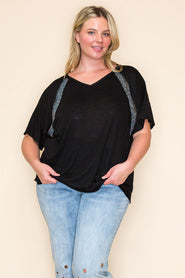 88 SD {Never Basic} VOCAL Black V-Neck Top w/ Rhinestones PLUS SIZE XL 2X 3X