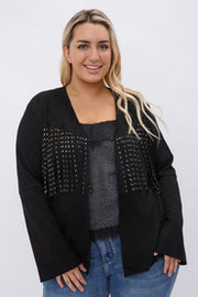 43 OT [Fringe for the Win} VOCAL Black Suede Fringed  Studded Jacket  PLUS SIZE 1X 2X 3X