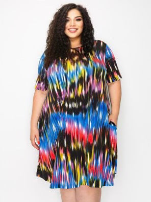 60 PSS-G {Primary Pick} Blue Red Black Printed Dress Extended Plus 3X 4X 5X