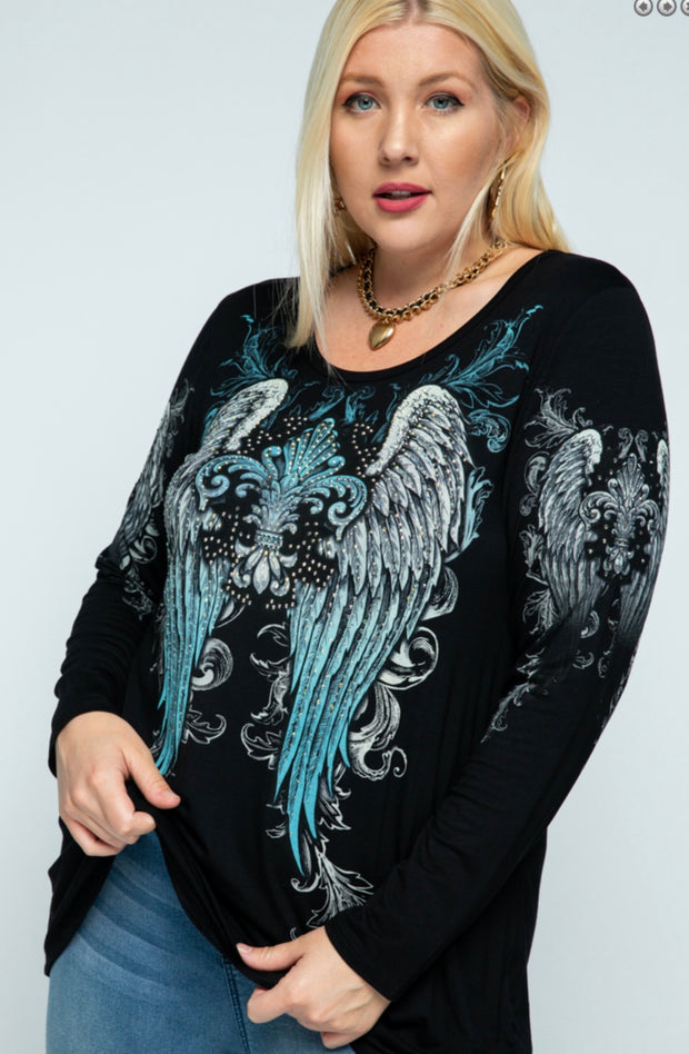 30 SD {Angel Inspired} VOCAL Black/Teal Angel Wing Top PLUS SIZE XL 2X 3X