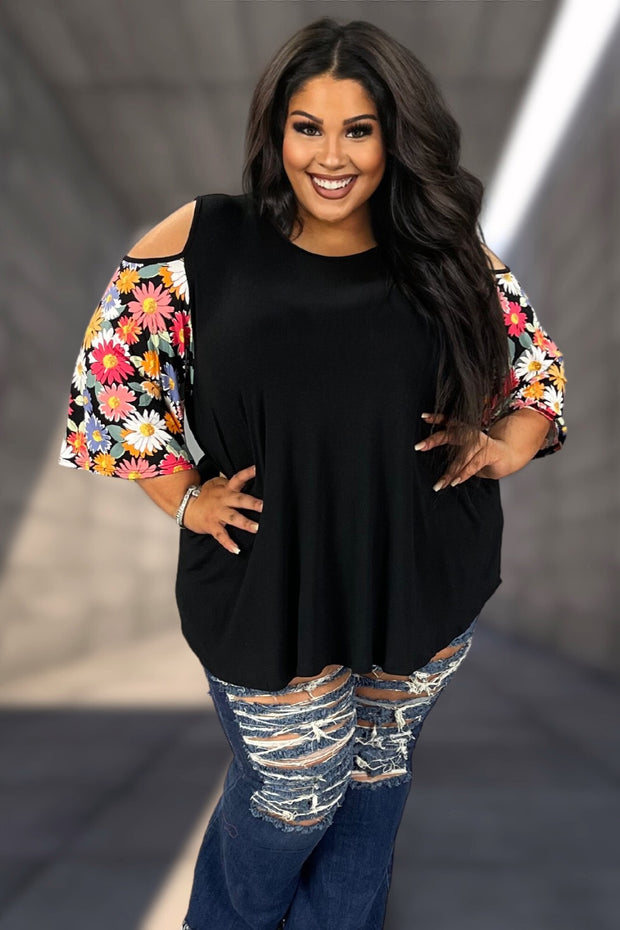 31 OS {Blooming Curvy} Black Daisy Open Shoulder Top  CURVY BRAND!!!  EXTENDED PLUS SIZE 4X 5X 6X