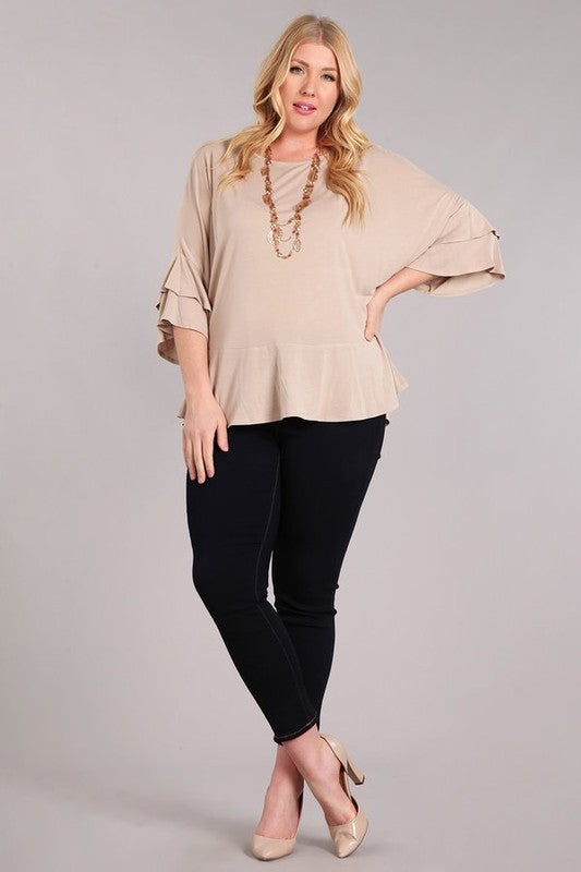 90 SQ {Live Your Passion} Taupe Ruffle Sleeve Top PLUS SIZE 1X 2X 3X