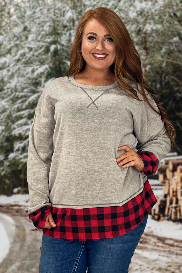 SALE!! 22 CP-G {Clear Your Schedule} Grey Red Plaid Contrast Top PLUS SIZE XL 2X 3X