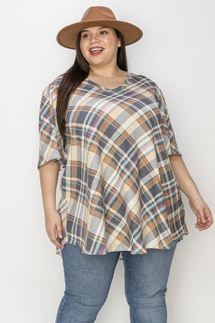 32 PSS {Sweet And Sassy} Blue/Yellow Plaid V-Neck Tunic EXTENDED PLUS SIZE 3X 4X 5X (True to Size)