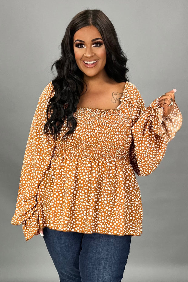 1-36 PLS {Cool Energy} Rust Print Smocked Top PLUS SIZE 1X 2X 3X