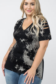 91 OS {Good Day} VOCAL Black Tie Dye Ladder Sleeve V-Neck Top PLUS SIZE XL 2X 3X