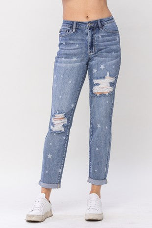 LEG-73 {Judy Blue} Med Blue Star Crossed Roll Cuff Jeans EXTENDED PLUS SIZE 14 16 18 20 22 24