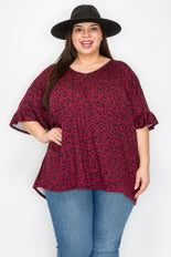 92 PSS {Dangerous Affection} Wine Leopard Print V-Neck Babydoll Top PLUS SIZE XL 2X 3X