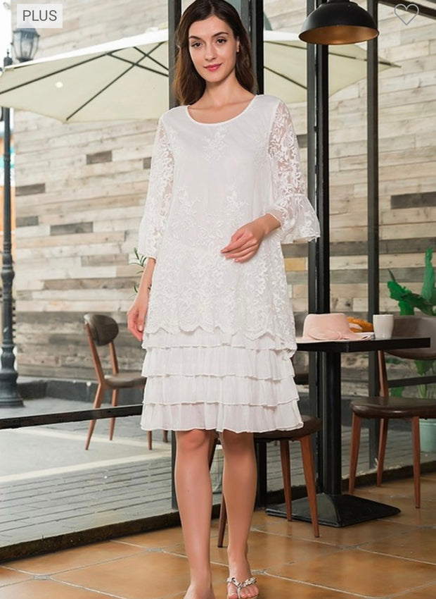 32 SQ {Feels So Light} White Ruffled Lace Dress PLUS SIZE 2X