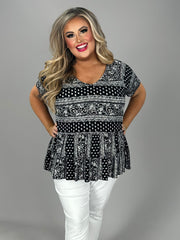 93 PSS-E {Just Too Pretty} Black Mixed Print Tiered Top PLUS SIZE 1X 2X 3X