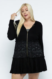 1-51 OT {Be That Girl} VOCAL Black Waffle Knit Hoodie w/ Lace Detail  PLUS SIZE XL 2X 3X