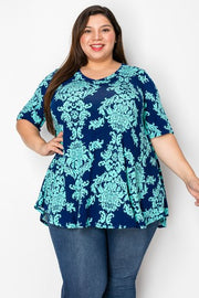 32 PSS {Moments For Me} Jade Damask Print V-Neck Tunic EXTENDED PLUS SIZE 3X 4X 5X