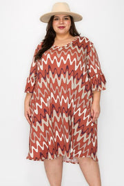 1-58 PSS {Lost In The Fields} Rust V-Neck  Zig Zag Print Dress