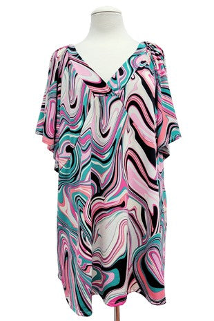 45 PSS {Swirl Envy} Teal/Pink Swirl Print V-Neck Top EXTENDED PLUS SIZE 4X 5X 6X