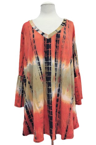 1-33 PQ [Just Being Myself} Orange Black Tie Dye V-Neck Tunic EXTENEDED PLUS SIZE 1X 2X 3X 4X 5X