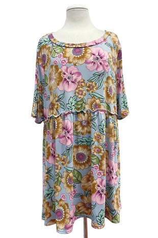 19 PSS {Petals In Paradise} Sky Blue Floral Babydoll Tunic  EXTENDED PLUS SIZE 4X 5X 6X