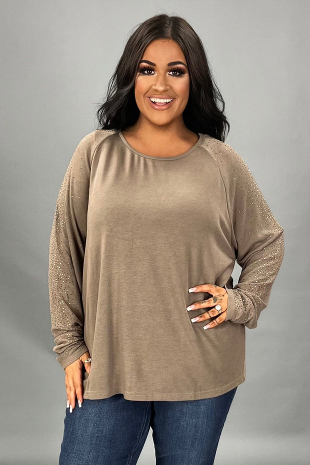 27 SD {Feeling Cherished} VOCAL Mocha Top w/Studded Sleeves PLUS SIZE XL 2X 3X