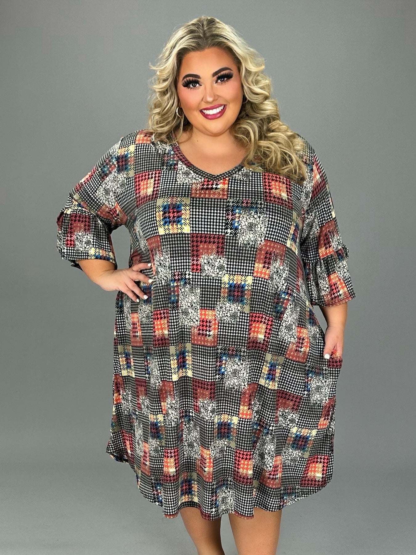 38 PQ {Meet Me Today} Black Mixed Print Checkered Dress EXTENDED PLUS SIZE  1X 2X 3X 4X 5X 6X