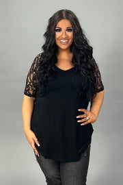 SALE!! SSS-Y {Lovely As Ever} Black V-Neck Top W/ Lace Sleeve Detail