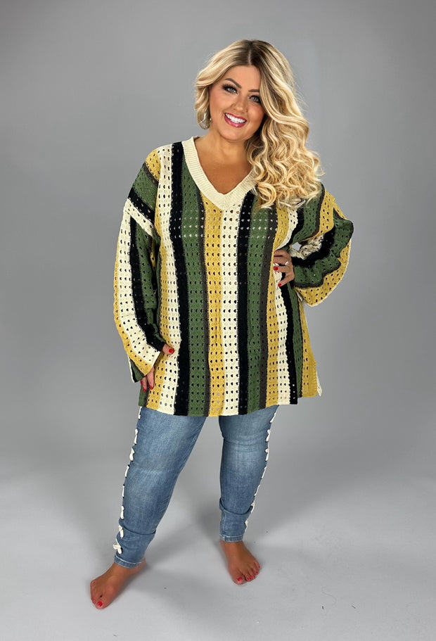 1-78 PLS {Heading North} Olive/Mustard Striped Eyelet V-Neck Sweater PLUS SIZE XL/2X 2X/3X