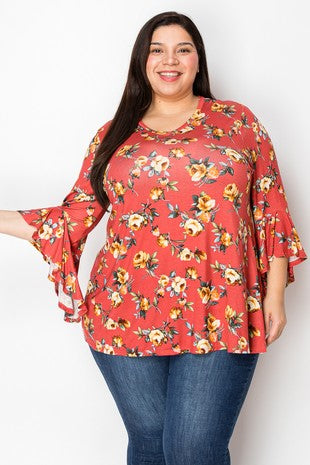 32 PQ {Treat Yourself} Rust Floral V-Neck Top EXTENDED PLUS SIZE 4X 5X 6X