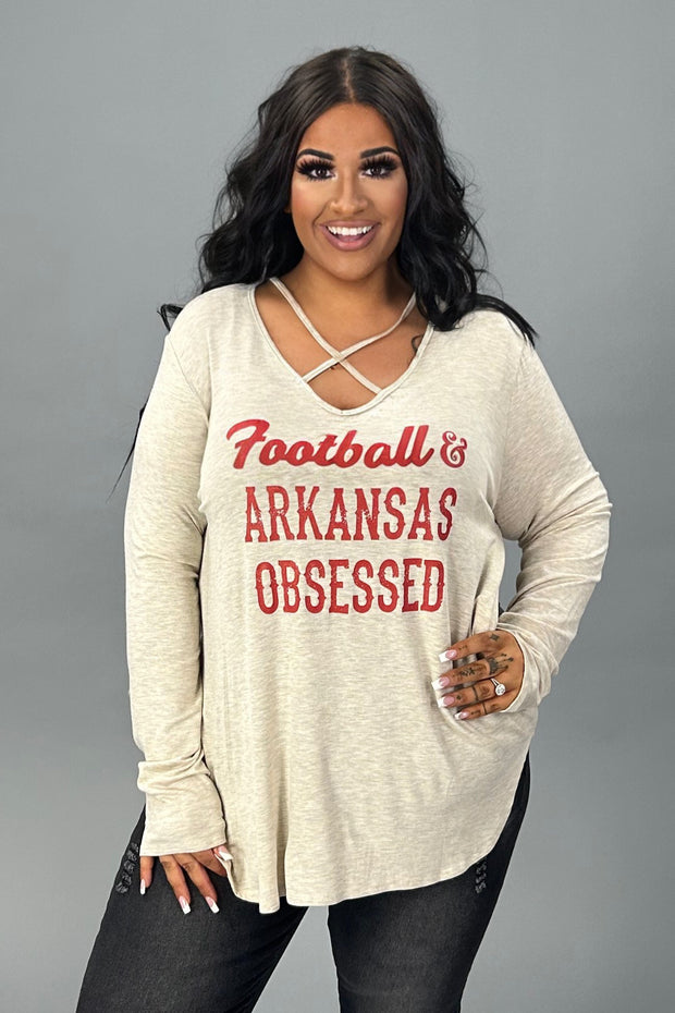 SALE!! GT-M {Football & Arkansas Obsessed} Beige Printed Top