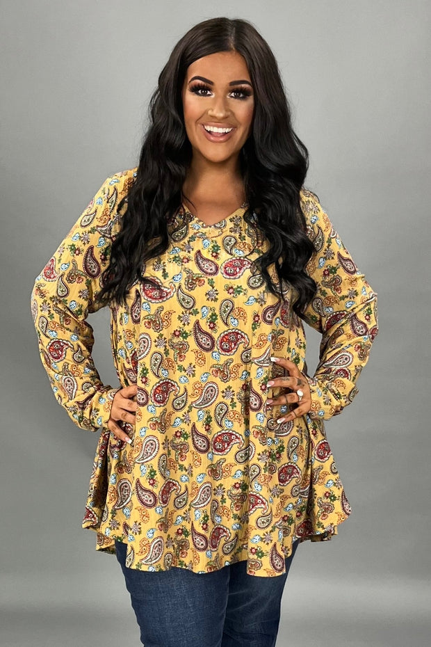 SALE!! 1-26 PLS {A Different Me} Mustard Paisley Print Ribbed Top PLUS SIZE 1X