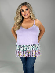 40 SV-A {Summer Daze}  Lilac Floral Tiered Spaghetti Strap Top  PLUS SIZE 1X 2X 3X