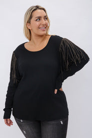 1-33 SD {Remember The Time} VOCAL Black Ribbed Top w/Fringe & Studs PLUS SIZE XL 2X 3X