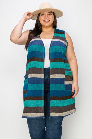 16 OT {Second To None} Blue Striped Vest w Pockets PLUS EXTENDED SIZE 1X 2X 3X 4X 5X