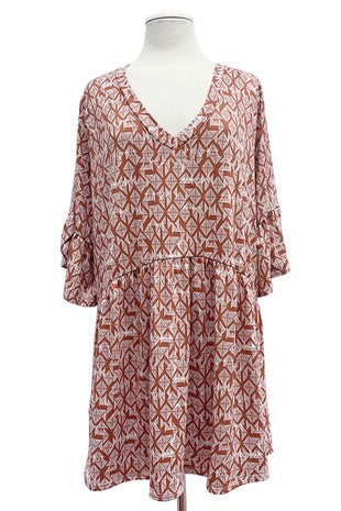 1-98 PSS {Autumn Pathways} Rust Geometric Print V-Neck Babydoll Top EXTENDED PLUS 3X 4X 5X