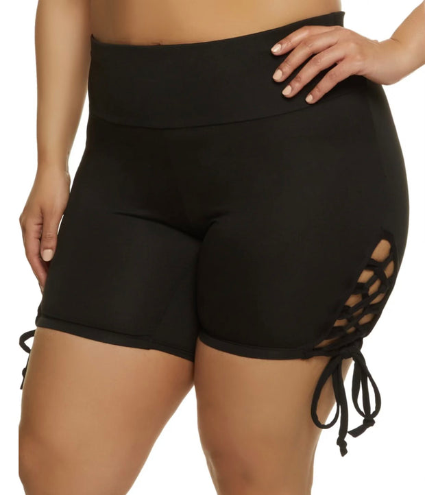 LEG-81{Comfy Laces} Black Lace-Up Side Bike Shorts EXTENDED PLUS SIZE 4X