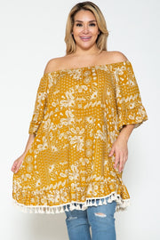 SALE!! 23 OS {Wish You Well} Mustard Off Shoulder Paisley Top w/Fringe PLUS SIZE 1X 2X 3X