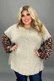 34 CP {Keeping Score} Grey Tunic w/Brown Leopard Sleeves EXTENDED PLUS SIZE 3X 4X 5X