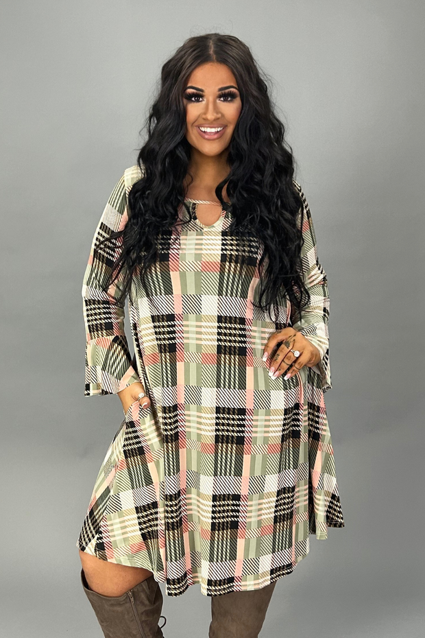 SALE!! 1 PQ-Q {Finding My Way} Olive/Peach Plaid Keyhole Dress