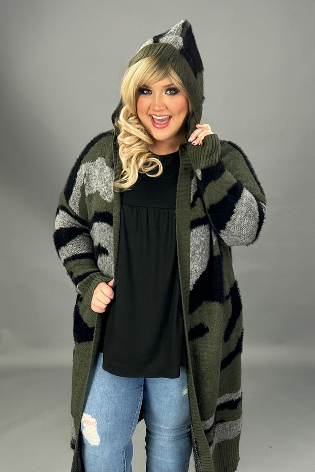 1-36 OT-G {Camo Meets City} Camo Long Sweater W/Hood PLUS SIZE 1X 2X 3X