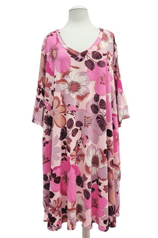 79 PQ {Blooming Fun} Pink Lg. Floral V-Neck Dress EXTENDED PLUS SIZE 4X 5X 6X