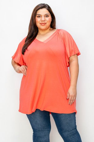 16 SSS {Coral Crush} Coral V-Neck Angel Wing Sleeve Tunic EXTENDED PLUS SIZE 4X 5X 6X (Size Up 1 Size)