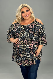 25 OS {You Belong To Me} Black Floral Cold Shoulder Tunic CURVY BRAND!!!  EXTENDED PLUS SIZE 4X 5X 6X