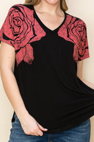 87 SD {Mighty Fine} VOCAL Black Rose Graphic V-Neck Top w/ Rhinestones PLUS SIZE XL 2X 3X