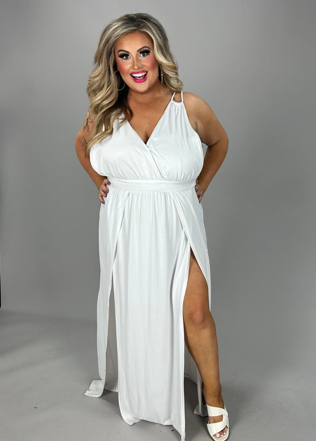 SALE!! LD-S {Goddess} White V-Cut Dress With Slit And Waistband