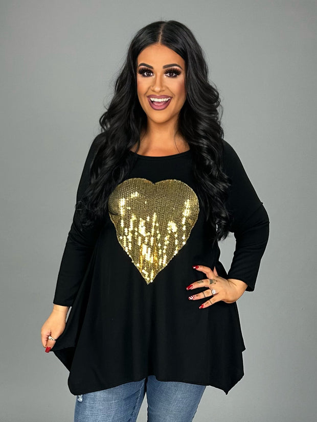 45-GT-B {My Heart is Golden} Black Tunic with Sequin Heart PLUS SIZE 1X 2X 3X