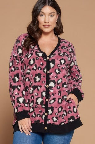 93 OT {Pretty Ideal} Pink Leopard V-Neck Top w/ Buttons Detail PLUS SIZE XL 2X 3X