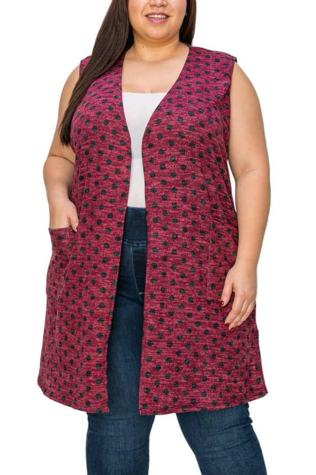 83 OT {Sweet Confession} Burgundy/Black Polka Dot Vest W/ Pockets Extended Plus 3X 4X 5X