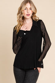 1-18 SLS {A Little Drama}  V-Neck Black Collared Top w/Sheer Sleeves PLUS SIZE XL 2X 3X