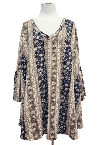 37 PQ {Nighttime Cozy Talks} Black Tan Floral  V-Neck Tunic  EXTENDED PLUS SIZE 1X 2X 3X 4X 5X