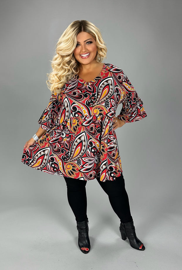 69 PSS {Profess Your Love} Red/Mustard Paisley Babydoll V-Neck Top EXTENDED PLUS SIZE XL 2X 3X 4X 5X