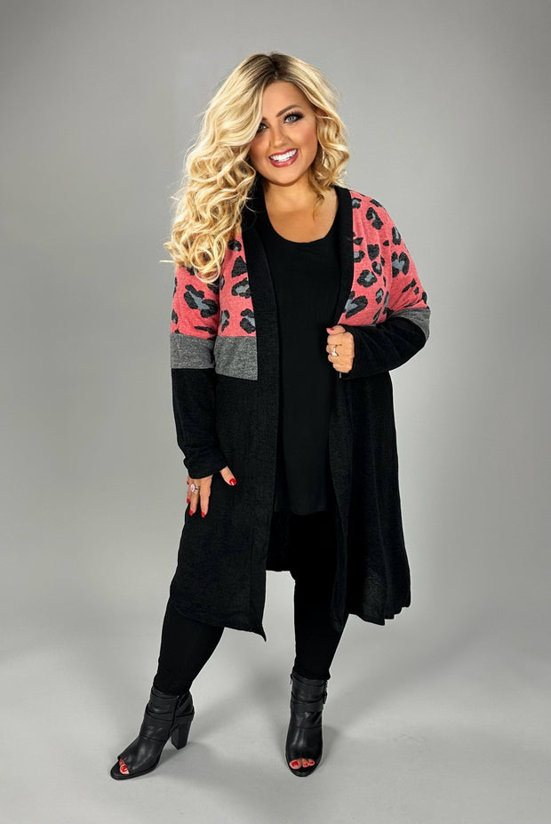 21 OT {Always Remarkable} Coral/Black  Leopard Cardigan PLUS SIZE XL 2X 3X