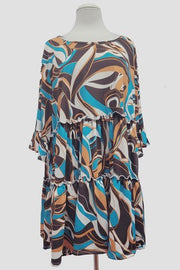 72 PSS {Covetable Charm} Brown/Blue Swirl  Print Tiered Dress EXTENDED PLUS SIZE 1X 2X 3X 4X 5X