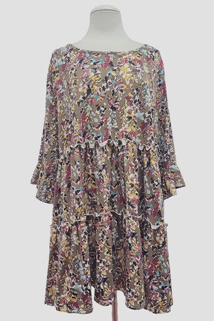 1- 75 PSS {Garden Of Thoughts} Mocha/Mustard Floral Tiered Dress  EXTENDED PLUS 3X 4X 5X